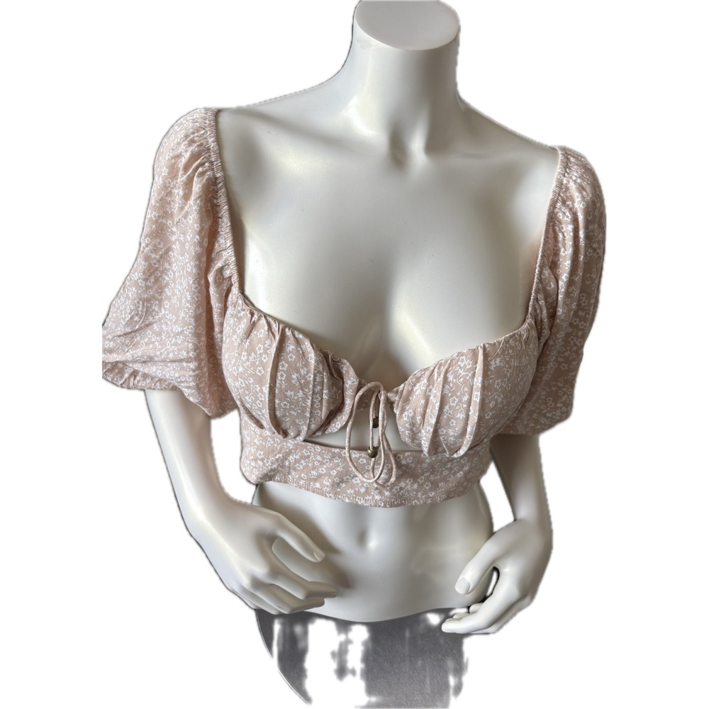 NWT Petal & Pup Floral Crop Top Puff Sleeve Tie Front Beige Women's Size L - Picture 7 of 13